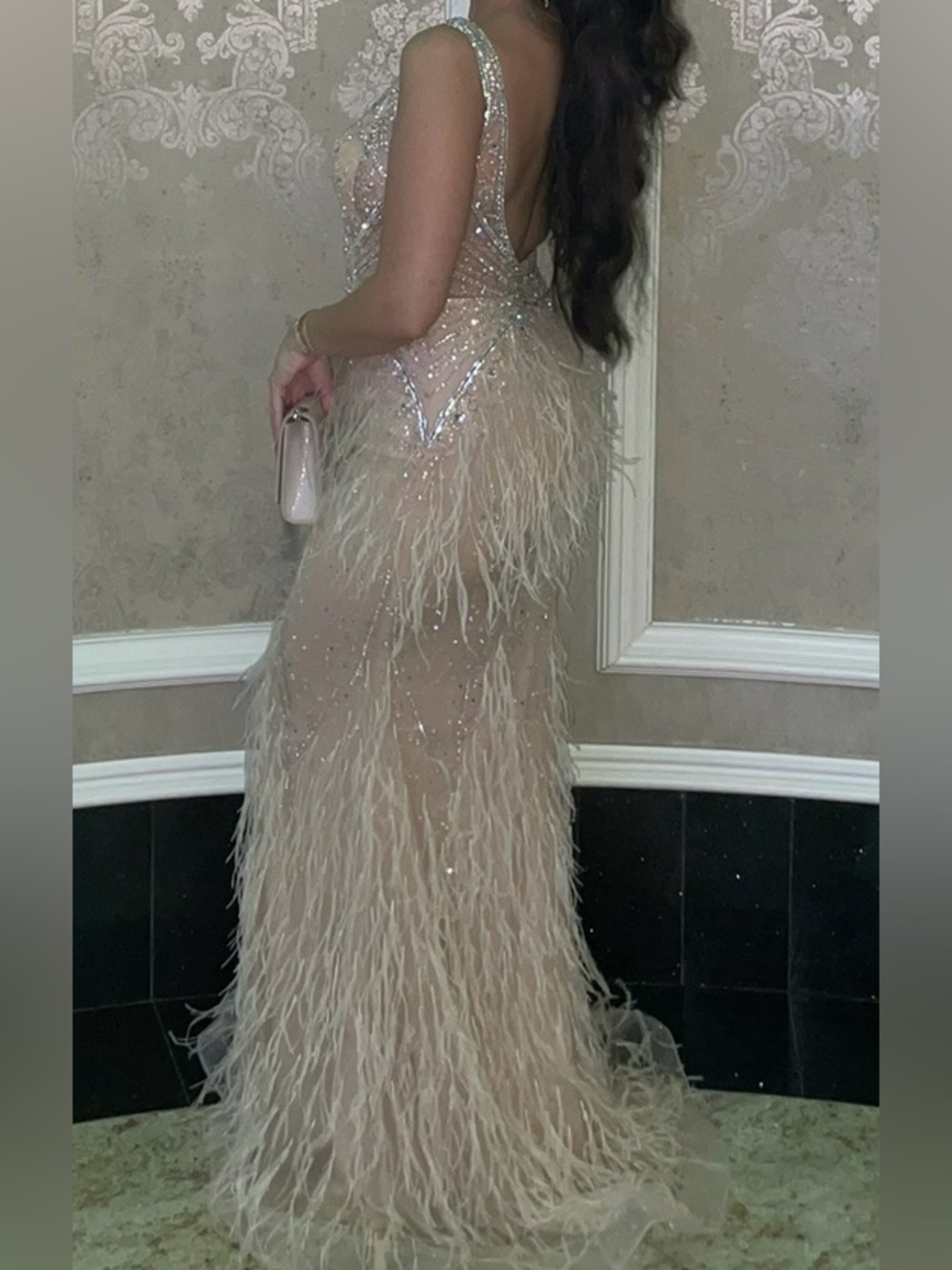 Jovani Cream Feather & Beaded Evening Gown - Picture 3 of 7